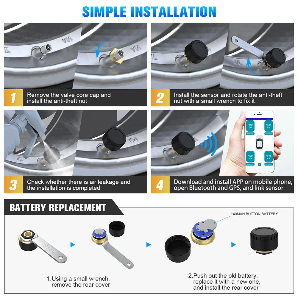 Bluetooth-compatible Tire Pressure Monitor System Mobile Phone Display Auto Motorcycle Tire Pressure Detection