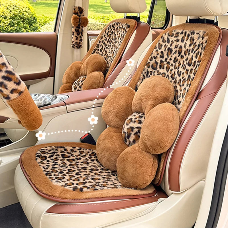 Women's New Leopard-print Car Seat Cushion Winter Plush Warm Non-slip Seat Cover Fashion Full Set Automobile Interior Decoration