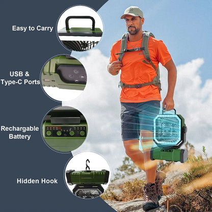 Outdoor Camping Fan 20000mAh Rechargeable Fan  with LED Lantern & Remote for Fishing Travel, 4 Speeds 8H Timer, Hanging Hook