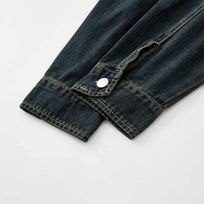 Heavy duty washed denim jacket for men vintage blue lapel long sleeved shirt style jacket casual and loose outer wear