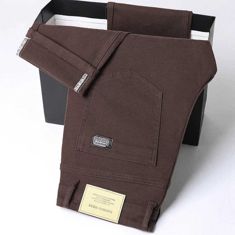 White Cotton Jeans Men's Elastic Soft Comfortable Business Casual Trousers Fashion Korean Fit Straight Spring Autumn Denim Pants