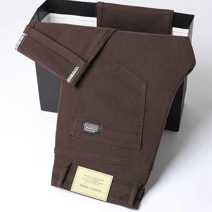 White Cotton Jeans Men's Elastic Soft Comfortable Business Casual Trousers Fashion Korean Fit Straight Spring Autumn Denim Pants