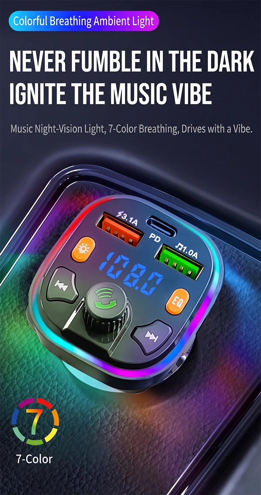 Car Bluetooth 5.0 FM Transmitter Audio Adapter RGB Colorful Light Triple Port PD Fast Charger And USB & One-Key Deep Bass Boost