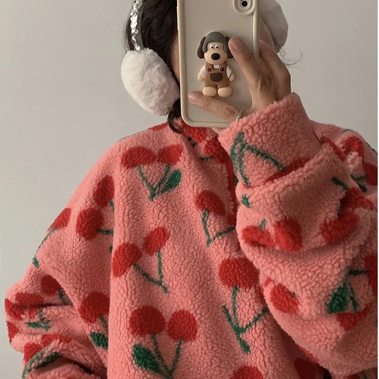Chic Korean Style Fleece Cherry Hooded Sweater Warm Plush Anti-Aging Overhead Cotton Women's Fashion Winter Clothing