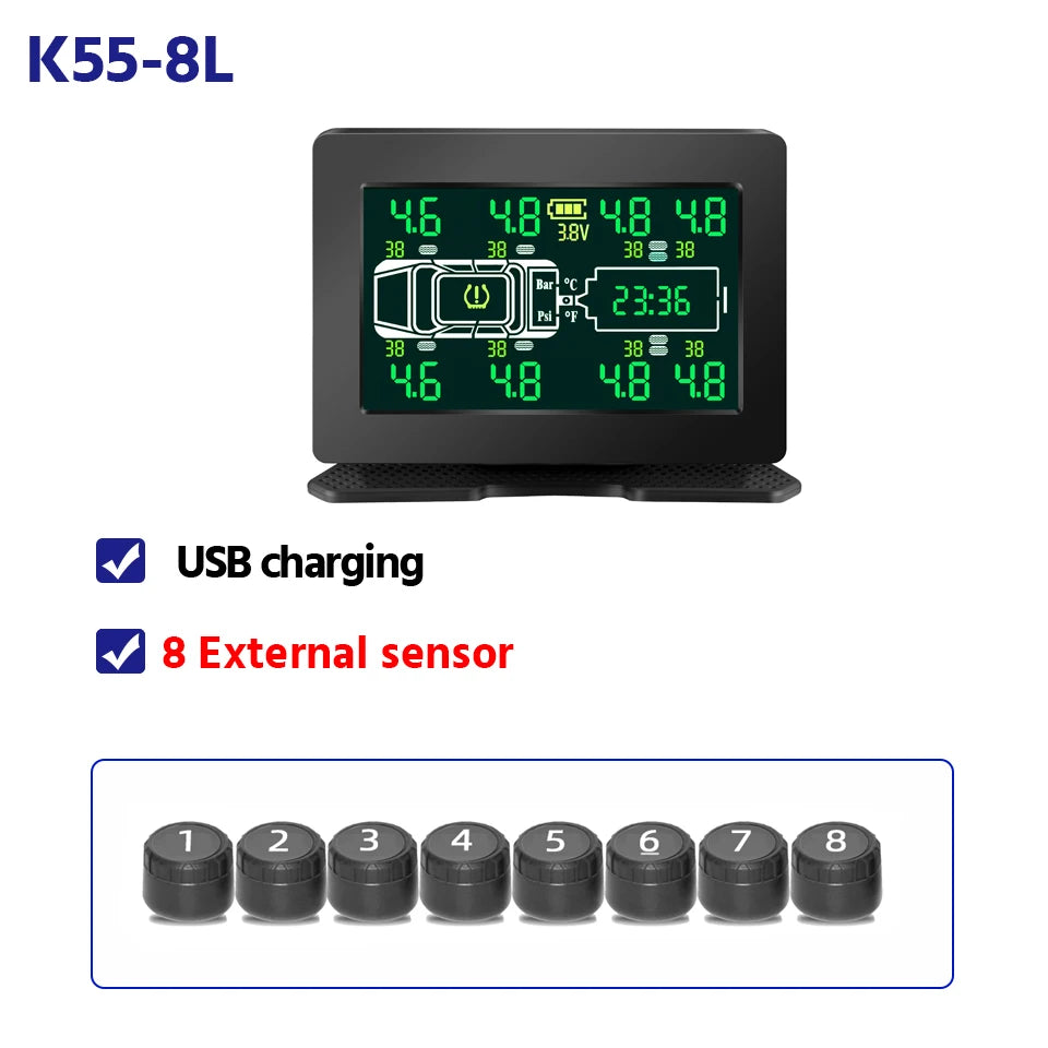 Truck Car Tire Pressure Monitor System Solar TPMS 6 /8 Internal And External Sensors LCD Display Tyre  Alarm Monitor Auto Tester