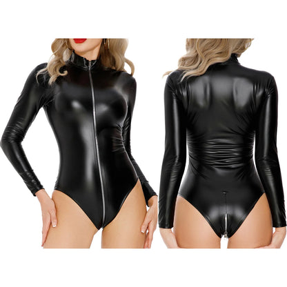 Womens Sexy Leather Bodysuits Tops Mock Neck Long Sleeve Leotard Front Double-end Zip Crotch One-piece Catsuit Jumpsuit Clubwear