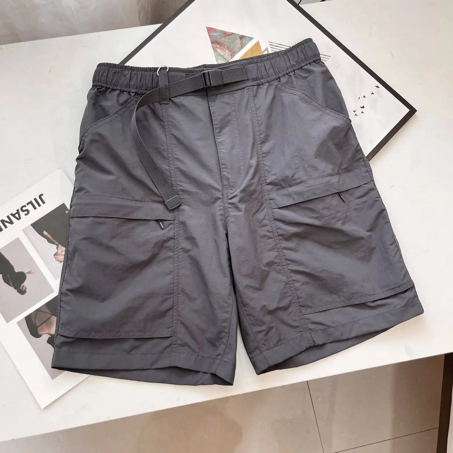 Men's and Women Solid Cargo Shorts with Pockets Casual Belted Sporty Track Shorts Pants