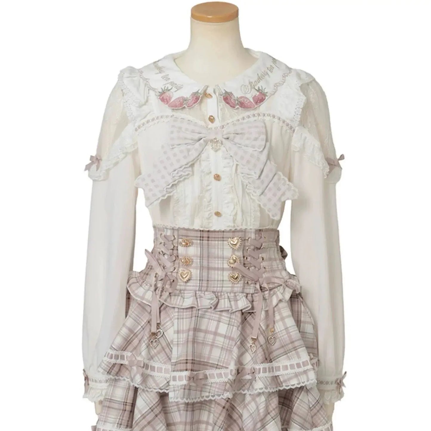 Japanese Mass Produced New Sweet Doll Collar Lolita Strawberry White Shirt Female 2026 Spring Pleated Lace Bow Blouses Top Women