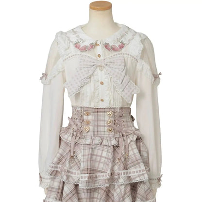 Japanese Mass Produced New Sweet Doll Collar Lolita Strawberry White Shirt Female 2026 Spring Pleated Lace Bow Blouses Top Women