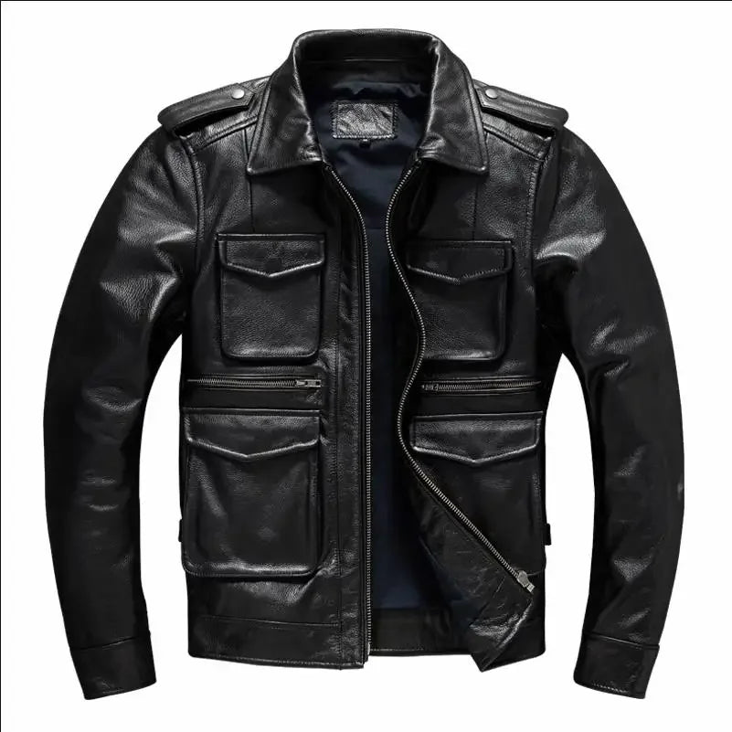 Military M65 Jackets For Men Heavy Black Genuine Leather Jacket Lapel Motorcycle Top Layer Cowhide Hunting Fashion Slim Coat Man