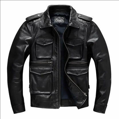 Military M65 Jackets For Men Heavy Black Genuine Leather Jacket Lapel Motorcycle Top Layer Cowhide Hunting Fashion Slim Coat Man