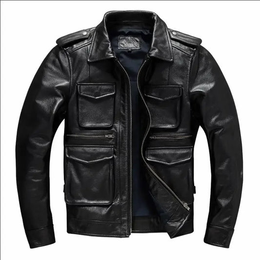 Military M65 Jackets For Men Heavy Black Genuine Leather Jacket Lapel Motorcycle Top Layer Cowhide Hunting Fashion Slim Coat Man