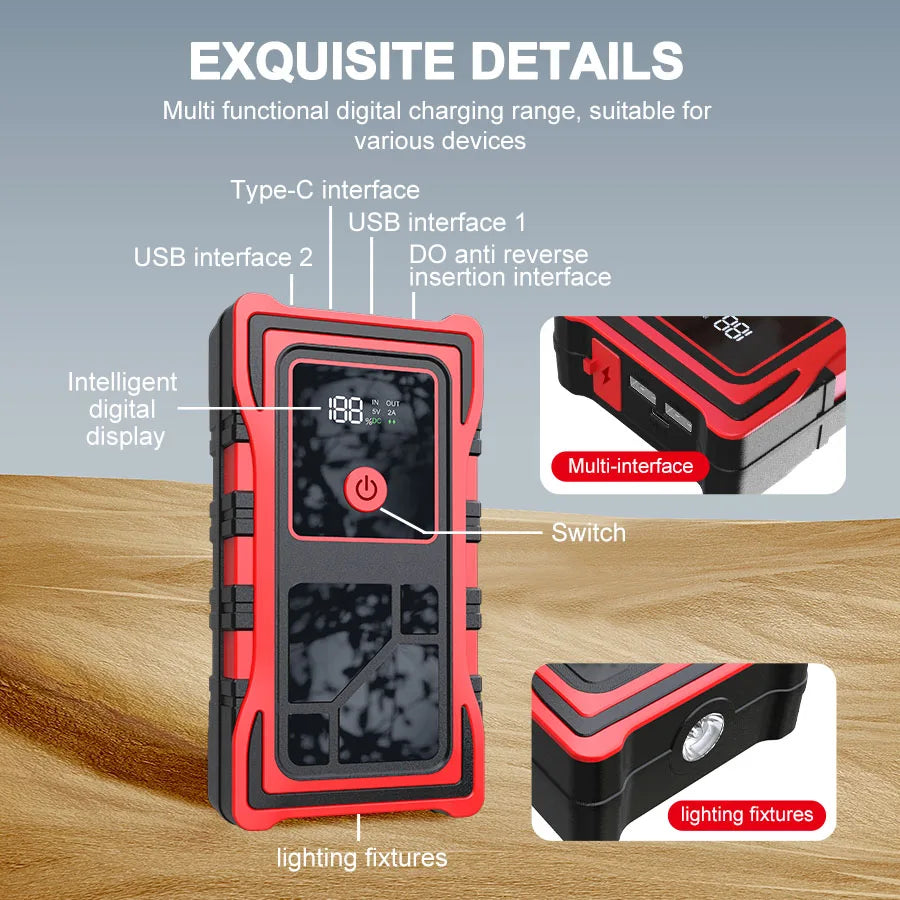7000A Portable Vehicle Emergency Jump Starter, Car Cigarette Lighter, 12V Mobile Power Bank, LED Lighting with USB Charging Port