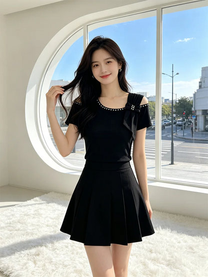 Summer New Off Shoulder Short sleeved T-shirt Korean Fashion Diamond Tops Slim Style Bowknot Women Shirt