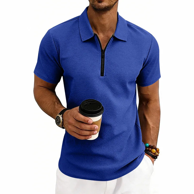 Men's Zip Polo Shirt Short Sleeve Waffle Textured Casual Top 2026