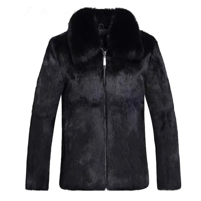Man Hooded Black Rabbit Real Fur Overcoat Real Leather Collar Slim Zipper Coat Multi Size Warm Winter Luxury Daily Outerwear