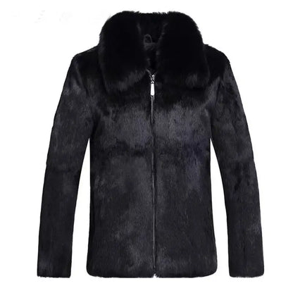 Man Hooded Black Rabbit Real Fur Overcoat Real Leather Collar Slim Zipper Coat Multi Size Warm Winter Luxury Daily Outerwear