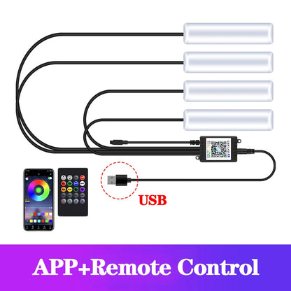 LED Car Interior Ambient Foot Light Kit With USB Cigarette Lighter Backlight Remote App Music Control Auto RGB Decorative Lamp