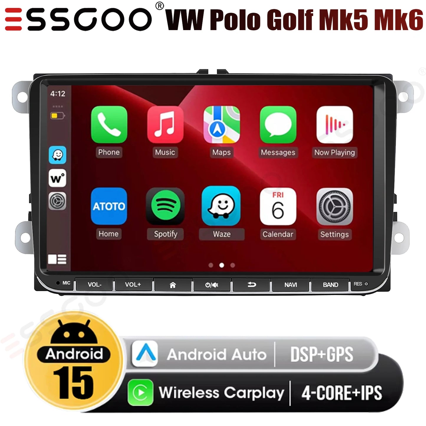 9" Android 15 4+64Gb for Vw Golf Mk5 Mk6 Passat Polo Touran Tiguan Caddy Car Stereo Radio Wifi Carplay Gps Navi Fm Bt+Dvr&Ahd