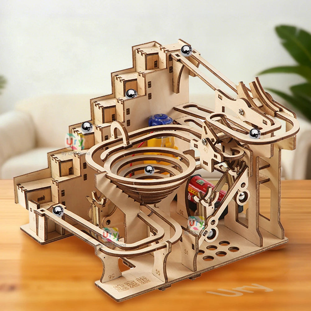 Ury 3D Wooden Puzzles Electric Staircase Track Device Marble Run Set Mechanical Model Science Maze 6 Balls Assembly Gift
