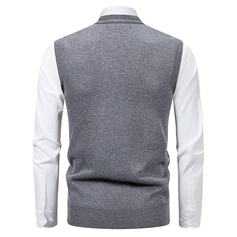 Men's V-Neck Sleeveless Vest Knitted Button Cardigan Geometric Waistcoat Autumn Winter Fleece Lined Knit Vests