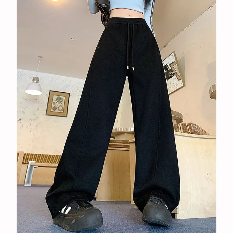 Girls Solid Loose Fit High Waist Trousers 2025 Classic Female Wide Leg Sweatpants Women Korean Fashion Casual Pants