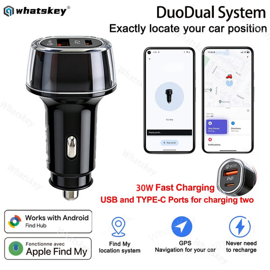 Car Charge GPS Locator Tracker 30W USB Phone Charger Fast Charging Type C QC3.0 Works with iOS Or Google Find My APP ,Android