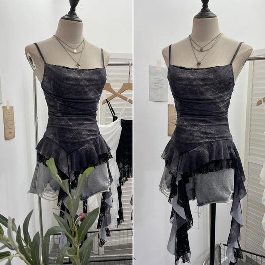 High Quality Hot Selling Wholesale Design Sense Irregular Lace Splicing Hem Ribbon Ruffle Edge Camisole Vest Mesh Top Mesh Top