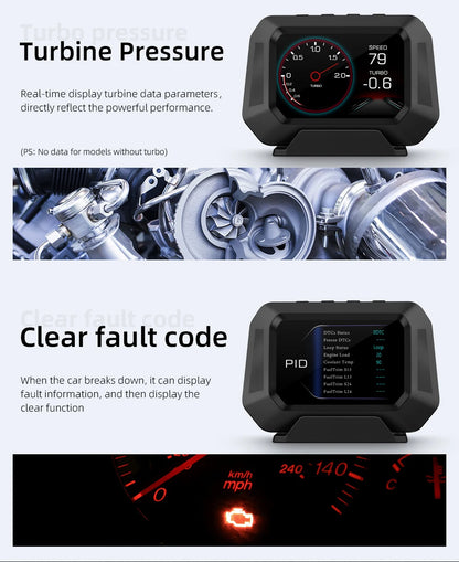 Head up Display OBD + GPS Car Water Temperature Turbo Oil Temperature Multi-function Meter LCD Display Automotive Speed Alarm