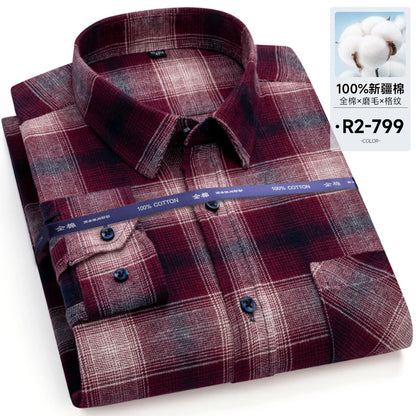Men's long-sleeved cotton jersey checked shirt - suitable for daily work in all seasons, featuring fashionable style.