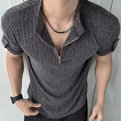 Summer Cleanfit Half-Zip Knit Striped T-Shirts For Men 2026 Solid Color Basis Gym Clothing Man Retro Street Y2K Casual Tee Tops