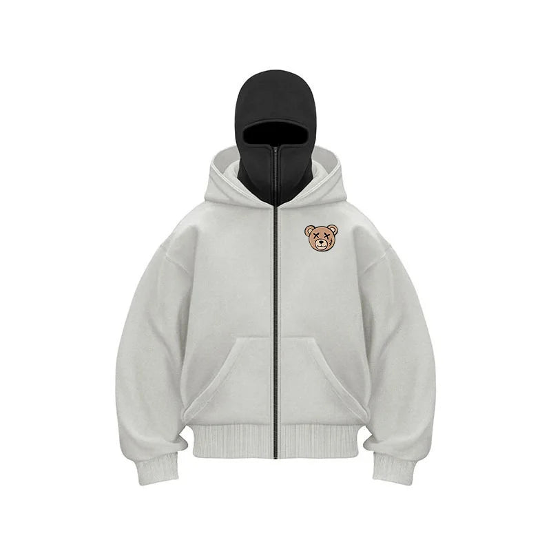 Unisex Double Hooded Fleece Sweatshirt Men Balaclava Hoodie Half Zip Warm Outfit Fall Winter Men Clothing Double Layered Hoodie