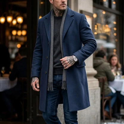 New Winter Men's Wool Blend Trench Coat Extended-Length Single-Breasted Design Business Casual-Mature Streetwear Coat Men
