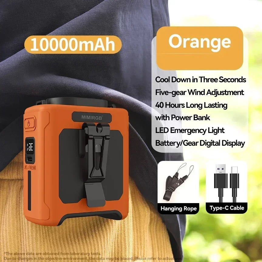 10000mAh Waist Fan Wearable Waist Fan 5 Speeds & Light 40H Hands-Free Cooling for Outdoor Jobsite Travel Long range for outdoor