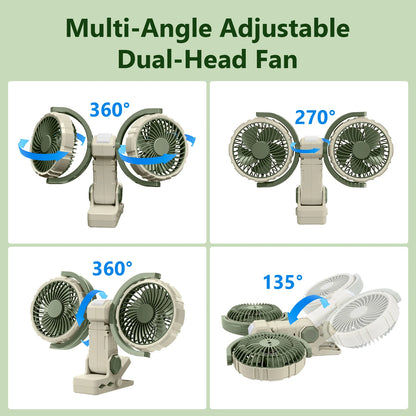 Hipacool Car Clip Dual Head Fan 360° Rotatable 4000mAh 3-Speeds Two Light Modes USB Rechargeable Desktop Cooling Air Fan