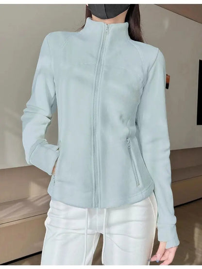 Thickened Fleece Women's Zipper Hoodie Slim Fit Warm Outerwear Stand Collar Cardigan Long Sleeve Autumn Winter Fashionable Top