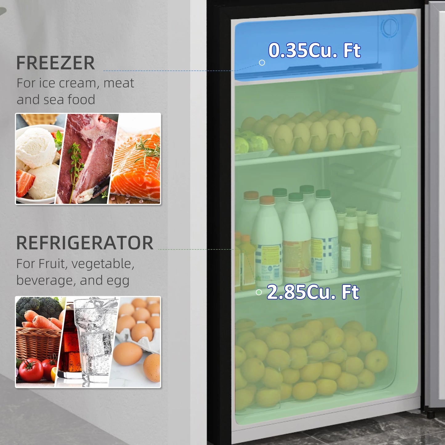 3.2 Cu.Ft Mini Fridge with Freezer, Single Door Compact Refrigerator with Adjustable Thermostat, Energy Efficient, Silver