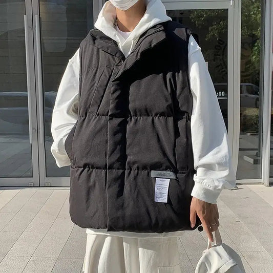 Oversized Cotton Vest for Men Loose Fitting Standing Collar Winter Coat Casual Layering Jacket for School Streetwear
