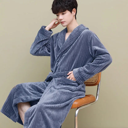 Thiened Coral Fce Men's Batobe Winter Pyjamas Flannel Robe Large Size Morning Robe Fce Home Clothes Polyester Fiber
