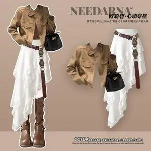 Bohemian Style Desert Jacket, Irregular Half Skirt Two-piece Elegant Women's Skirt Set Casual Suit for Women