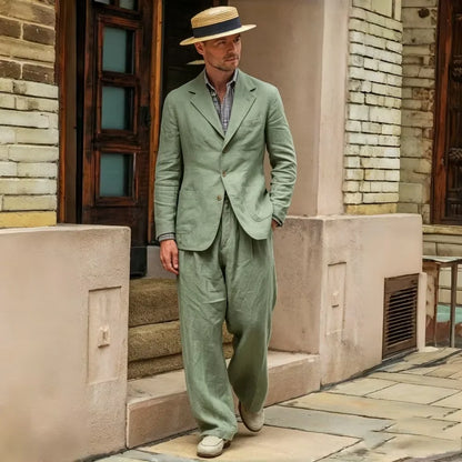 Men's Linen Suit 2 Pieces Luxury Slim Fit Casual Blazer Straight Leg Pants Breathable Wrinkle Resistant Lightweight For Wedding