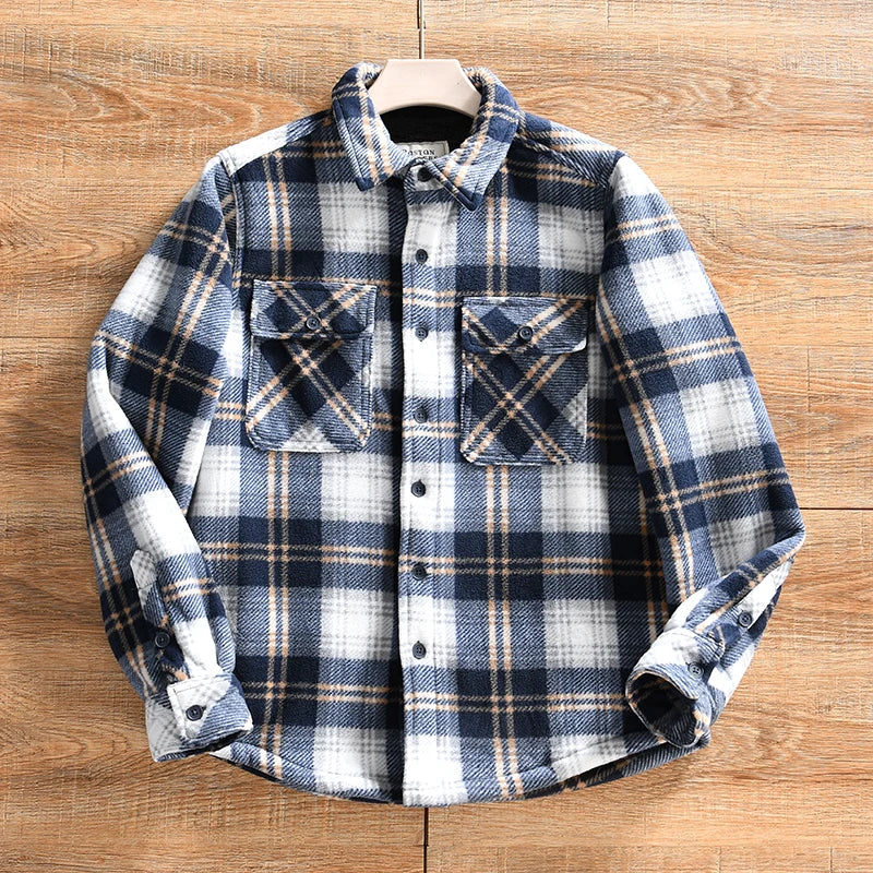 Double-Sided Fleece Plaid Shirt Jacket Thickened Casual Men's Winter Outerwear American Style Standard Fit Long Sleeve Button...