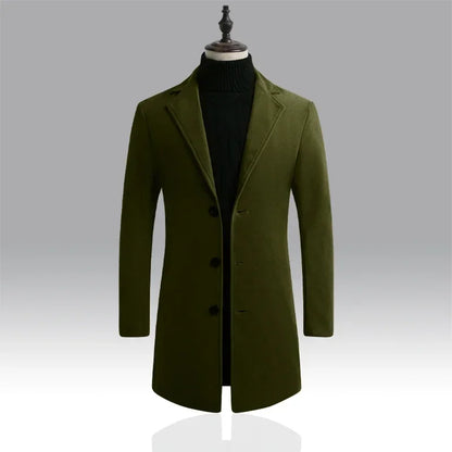 2025Spring Autumn New Long Cotton Coat New Wool Blend Pure Color Casual Business Fashion Men's Clothing Slim Windbreaker Jacket