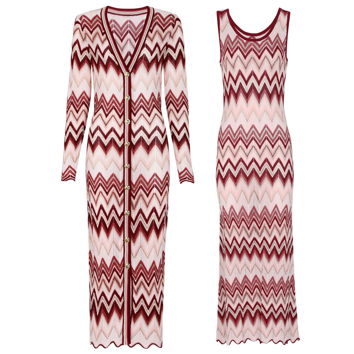 25278 High-quality Spring And Autumn Fashion Elastic Knitted Long Sleeved Cardigan Long Coat+sleeveless Dress Women's Set