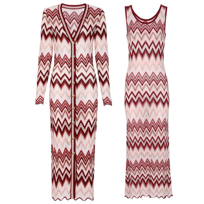25278 High-quality Spring And Autumn Fashion Elastic Knitted Long Sleeved Cardigan Long Coat+sleeveless Dress Women's Set