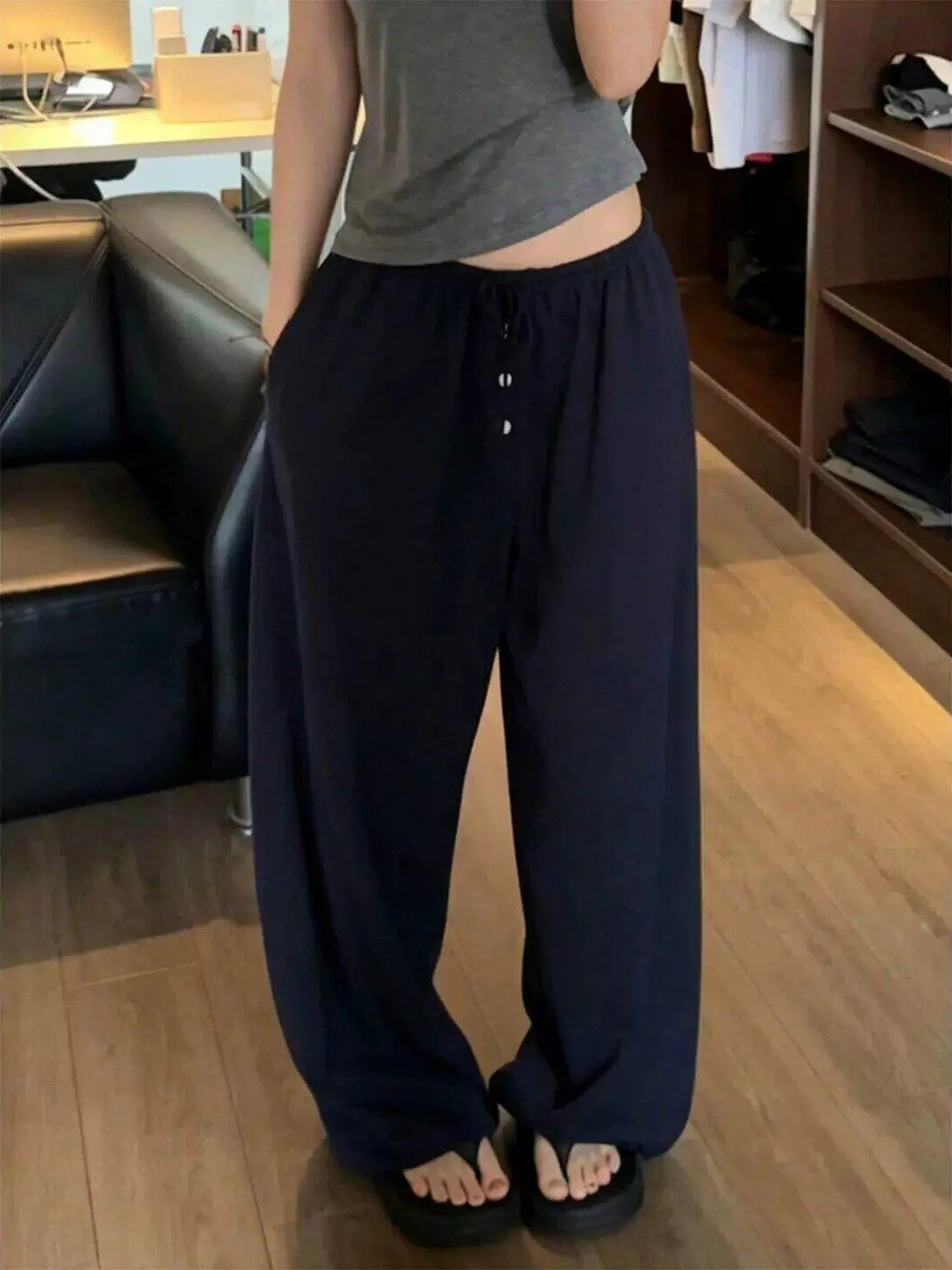 Ice Silk Quick Dry Wide Leg Pants Women Summer Thin Loose Casual Drape Straight Tube Leisure Walking Pants High Waist Elastic