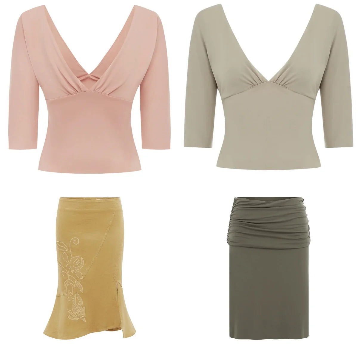 Wj V-Neck Three-Quarter Sleeve Top, Low-Waist Khaki Fishtail Skirt with Embroidery, Irregular Hem Skirt, Green Pleated Low-Waist Slit Skirt, Pleated Neckline Waist-Cinching Short Top