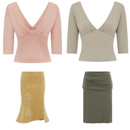 Wj V-Neck Three-Quarter Sleeve Top, Low-Waist Khaki Fishtail Skirt with Embroidery, Irregular Hem Skirt, Green Pleated Low-Waist Slit Skirt, Pleated Neckline Waist-Cinching Short Top