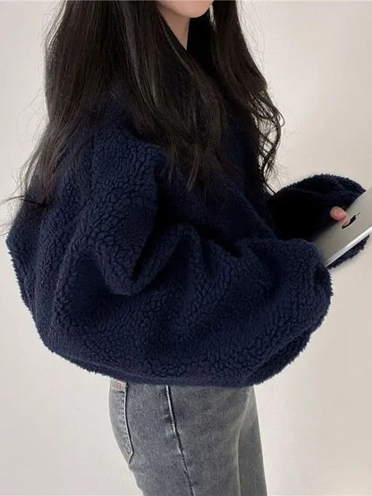 Korean Style Short Zipper Hoodie Women's Loose Fit Lamb Fur Vest Autumn Winter Streetwear Casual Long Sleeve Stand Collar Coat