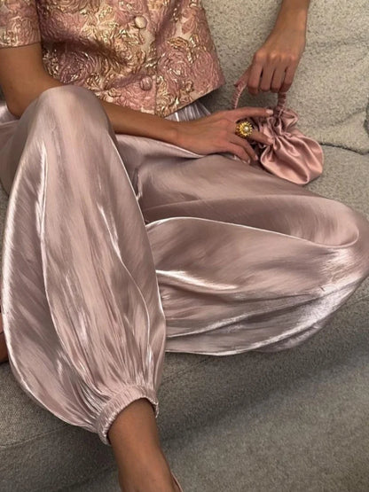 Shinny Satin Lantern Pant For Women Loose Casual Trousers Elegant Commuter Fashion Long Pants 2026 New Lady Party Streetwears